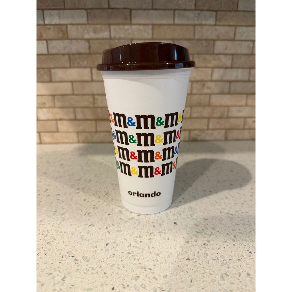 M&M's World New York Reusable Travel Coffee Cup Tumbler White Brown